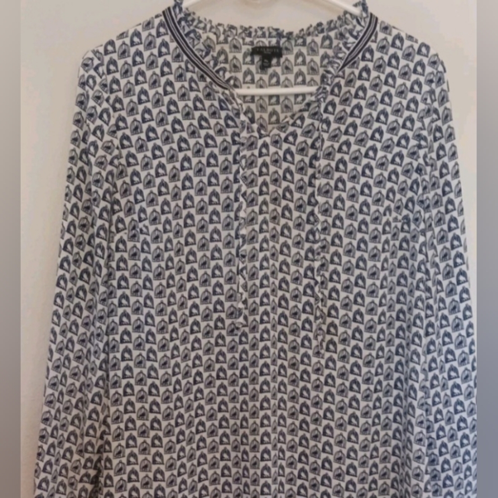 Talbots Top Womens Med Petite Navy Bird In A Cage Print Ruffle Tie Neck Novelty